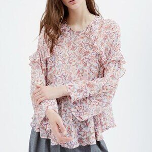 IRO Paris Women‎ Top Medium Chiffon Ruffle Bow Floral White Pink Regency